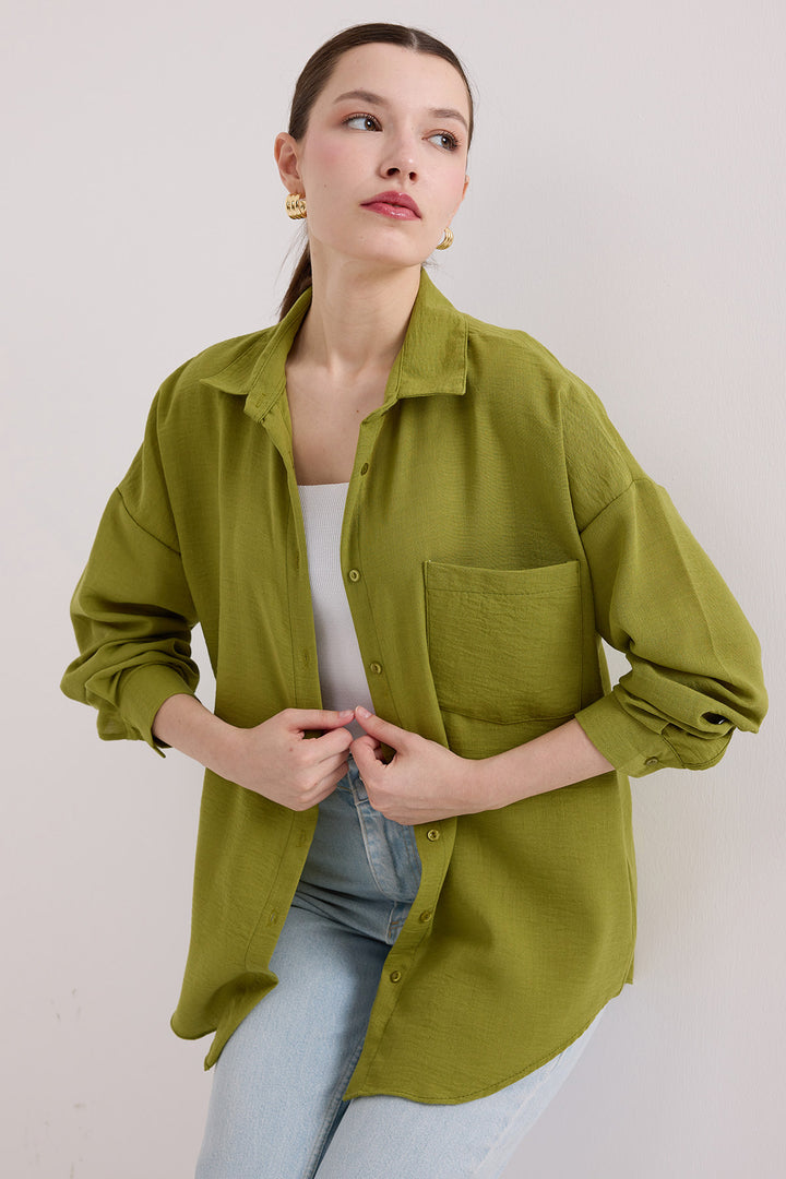BGD Women Single Pocket Oversized Linen Shirt - Olive Green - Bethlehem