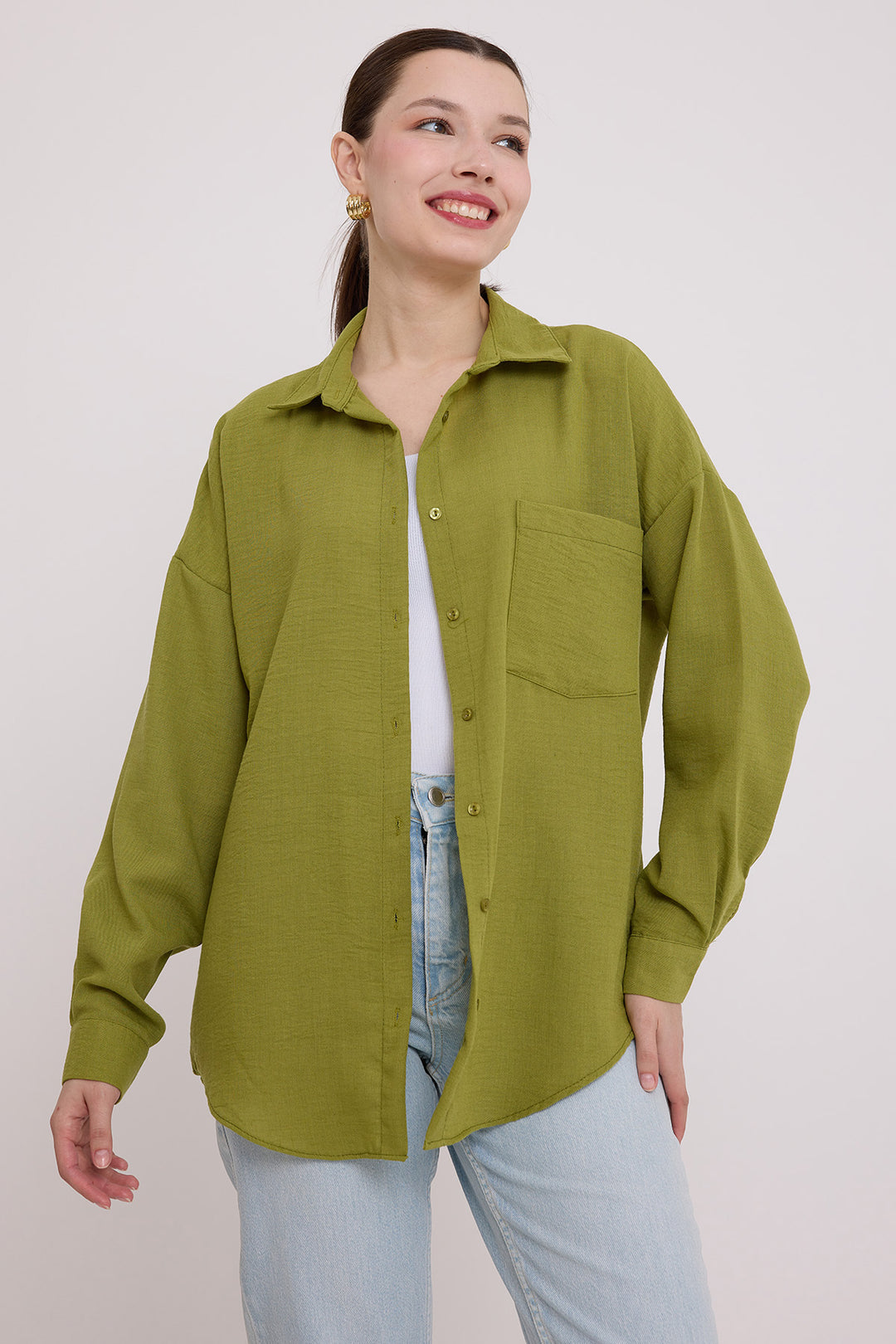 BGD Women Single Pocket Oversized Linen Shirt - Olive Green - Bethlehem