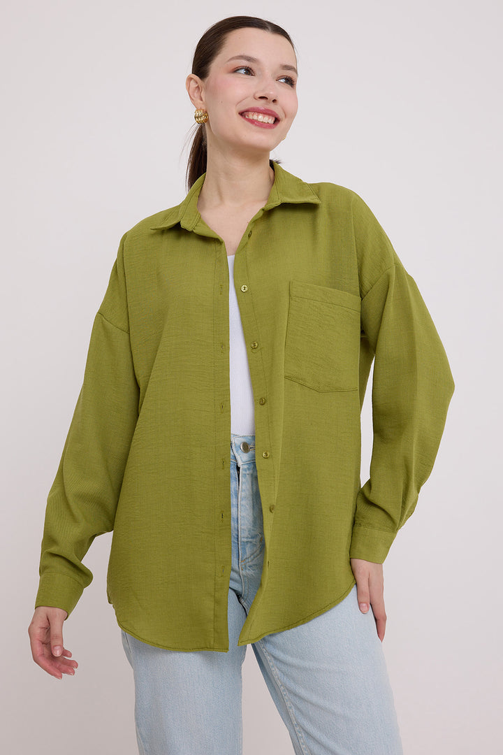BGD Women Single Pocket Oversized Linen Shirt - Olive Green - Bethlehem