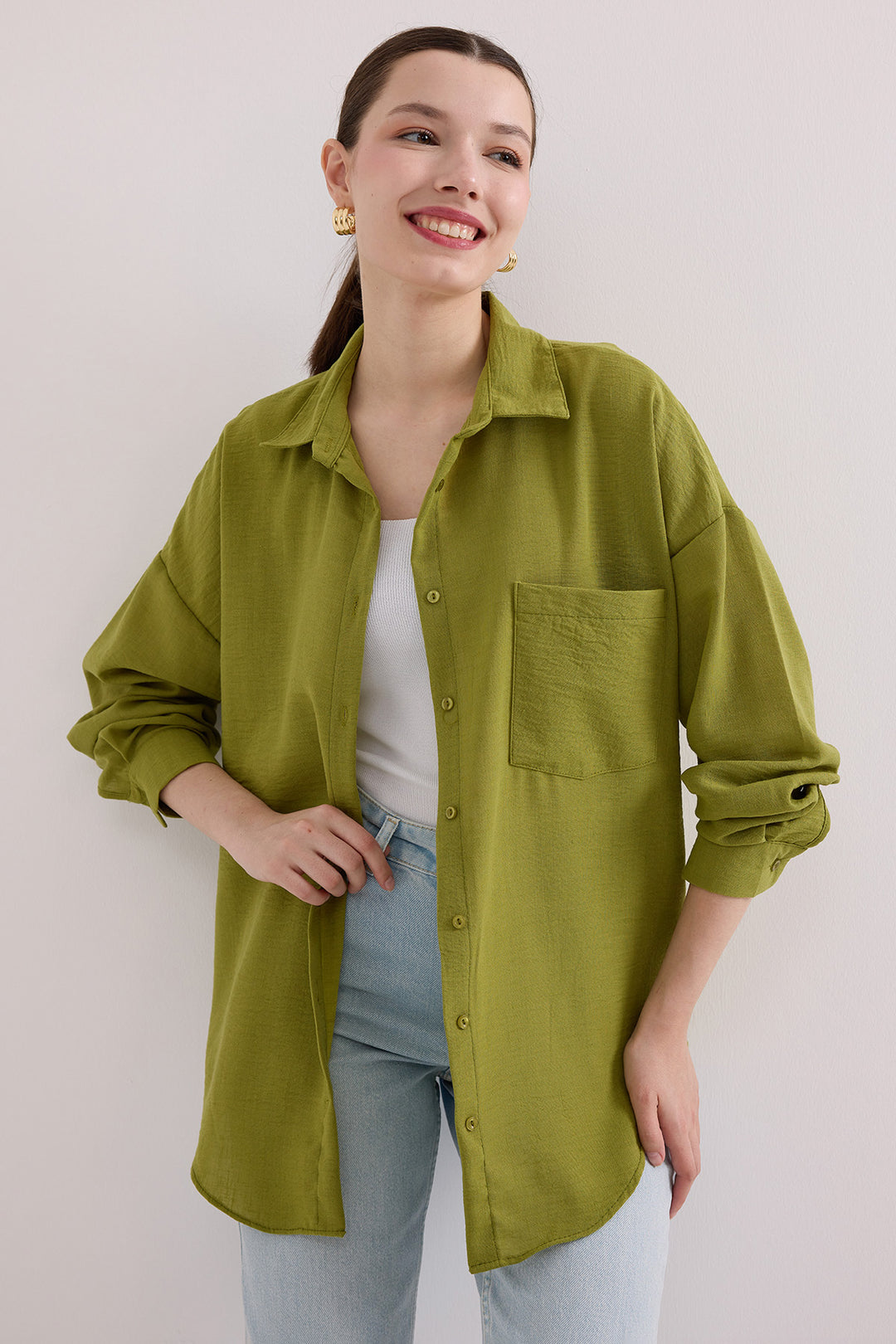 BGD Women Single Pocket Oversized Linen Shirt - Olive Green - Bethlehem