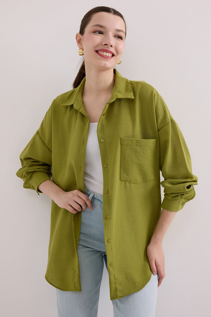 BGD Women Single Pocket Oversized Linen Shirt - Olive Green - Bethlehem
