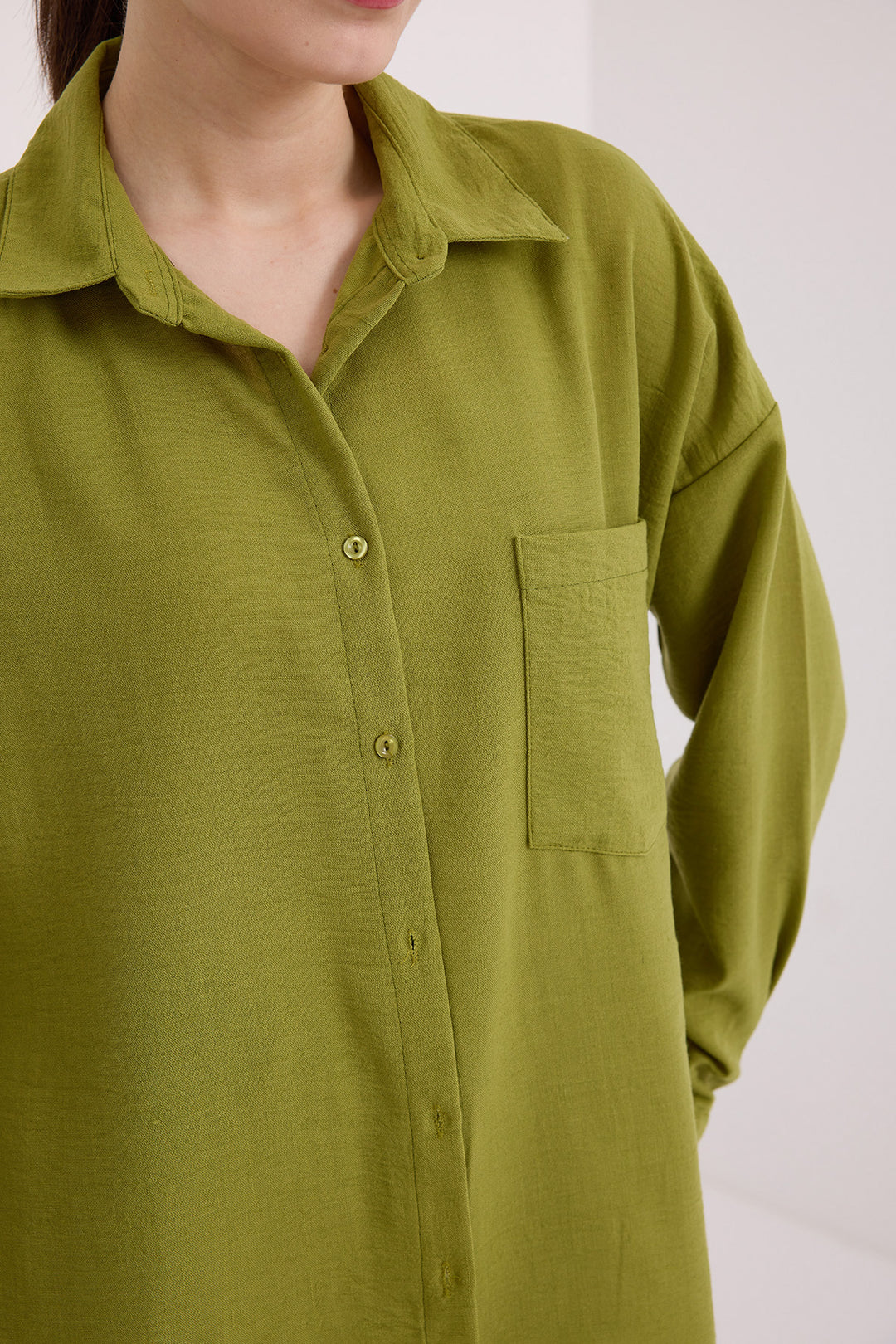 BGD Women Single Pocket Oversized Linen Shirt - Olive Green - Bethlehem