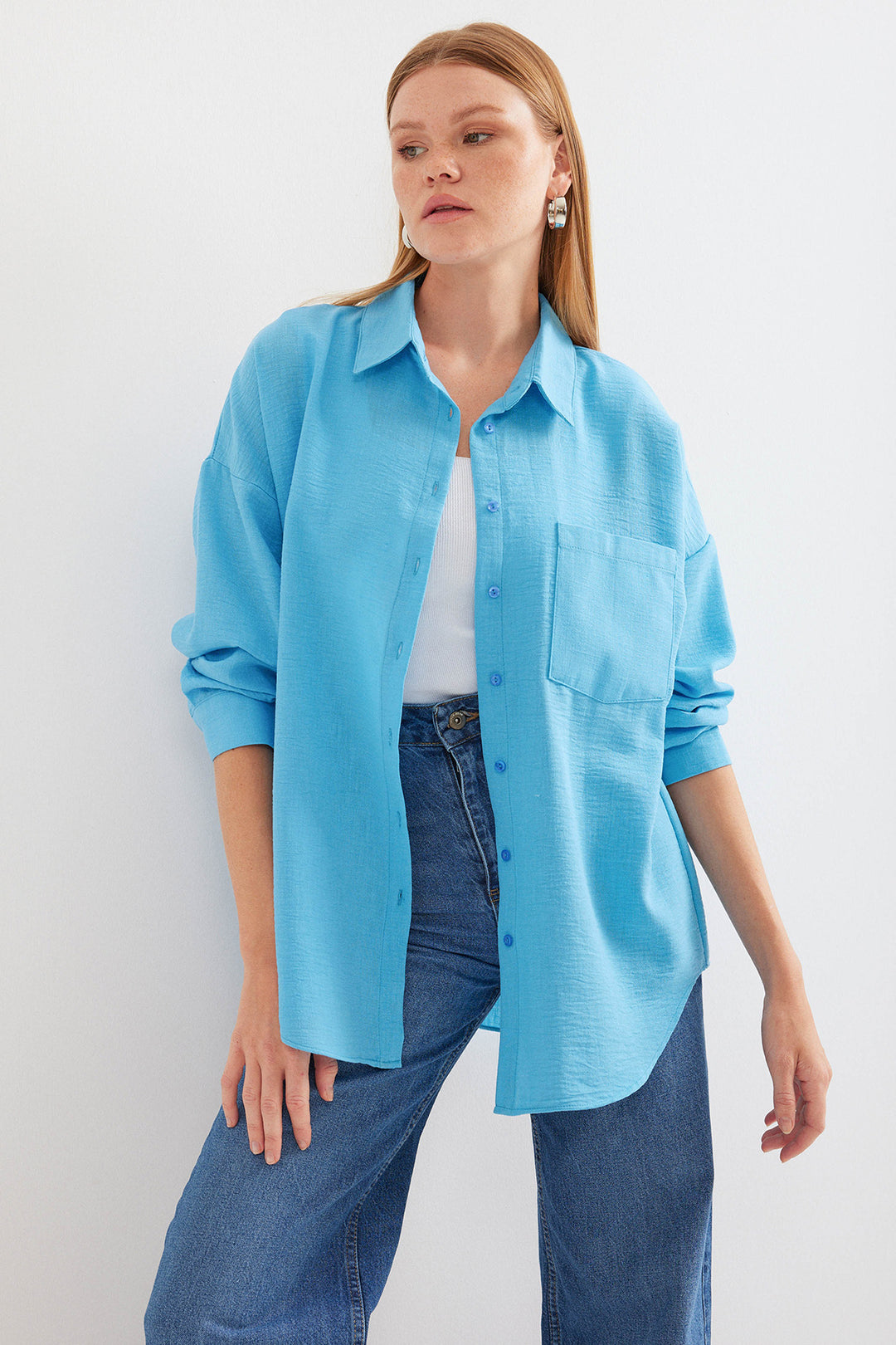 BGD Women Single Pocket Oversized Linen Shirt - Light Blue - Saarbrücken