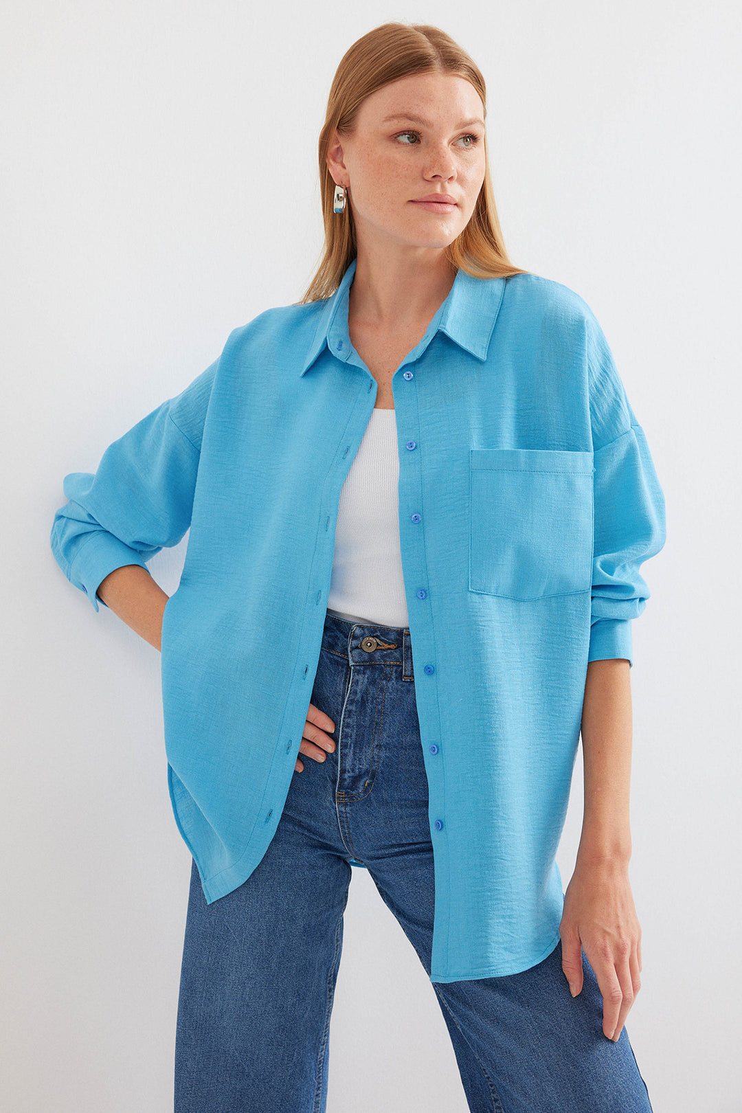 BGD Women Single Pocket Oversized Linen Shirt - Light Blue - Saarbrücken