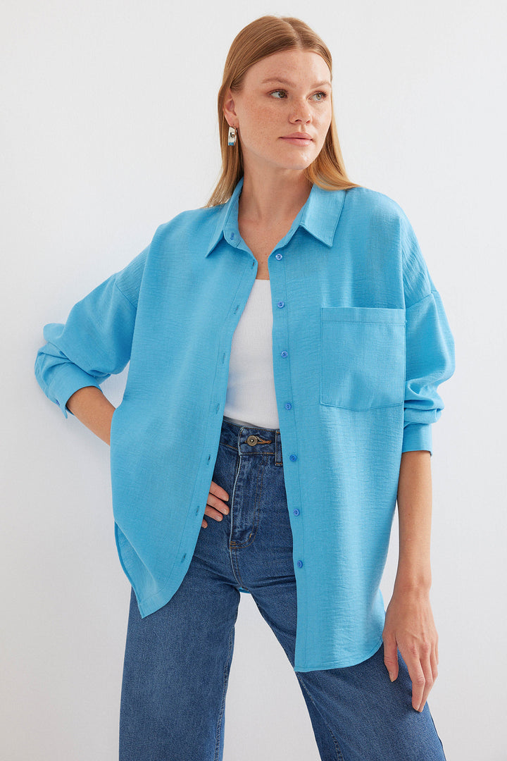 BGD Women Single Pocket Oversized Linen Shirt - Light Blue - Saarbrücken