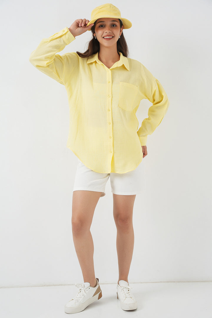 BGD Women Single Pocket Oversized Linen Shirt - Light Yellow - Lake Ridge