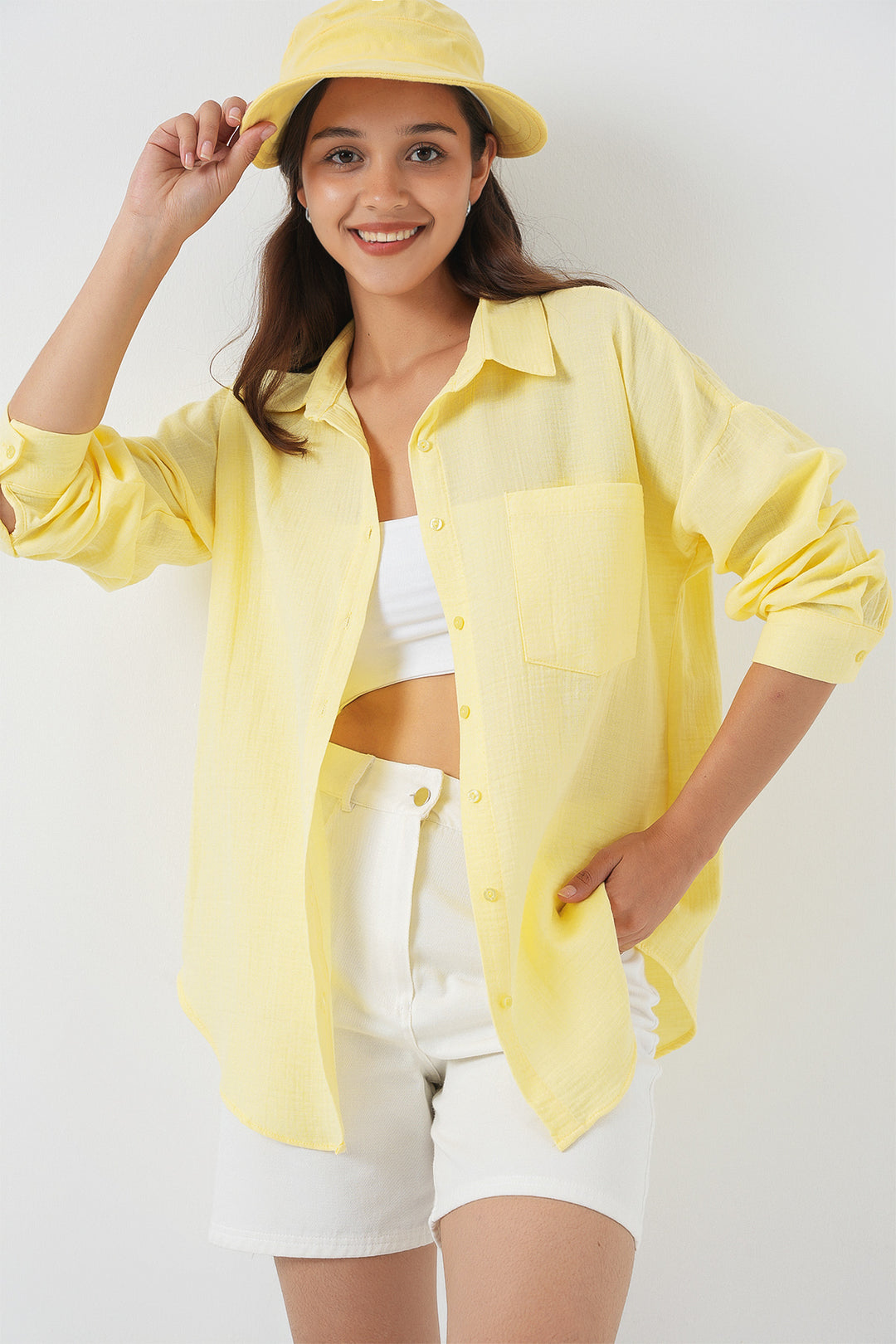 BGD Women Single Pocket Oversized Linen Shirt - Light Yellow - Lake Ridge