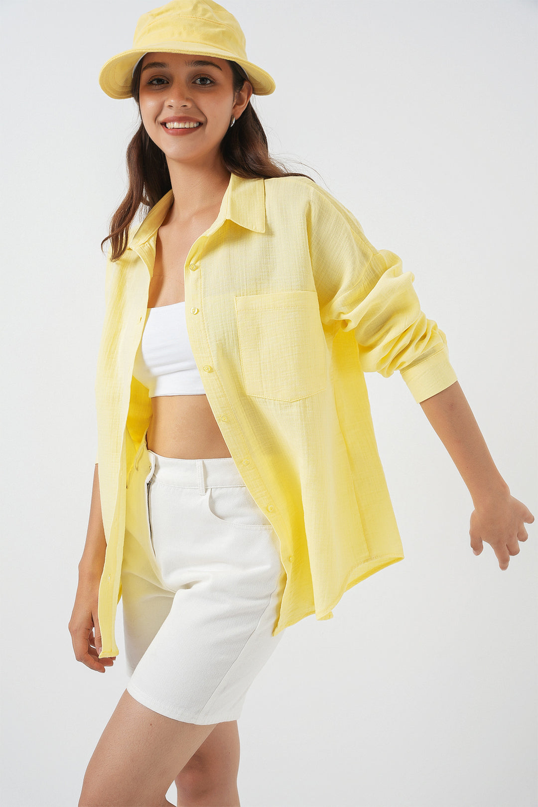 BGD Women Single Pocket Oversized Linen Shirt - Light Yellow - Lake Ridge