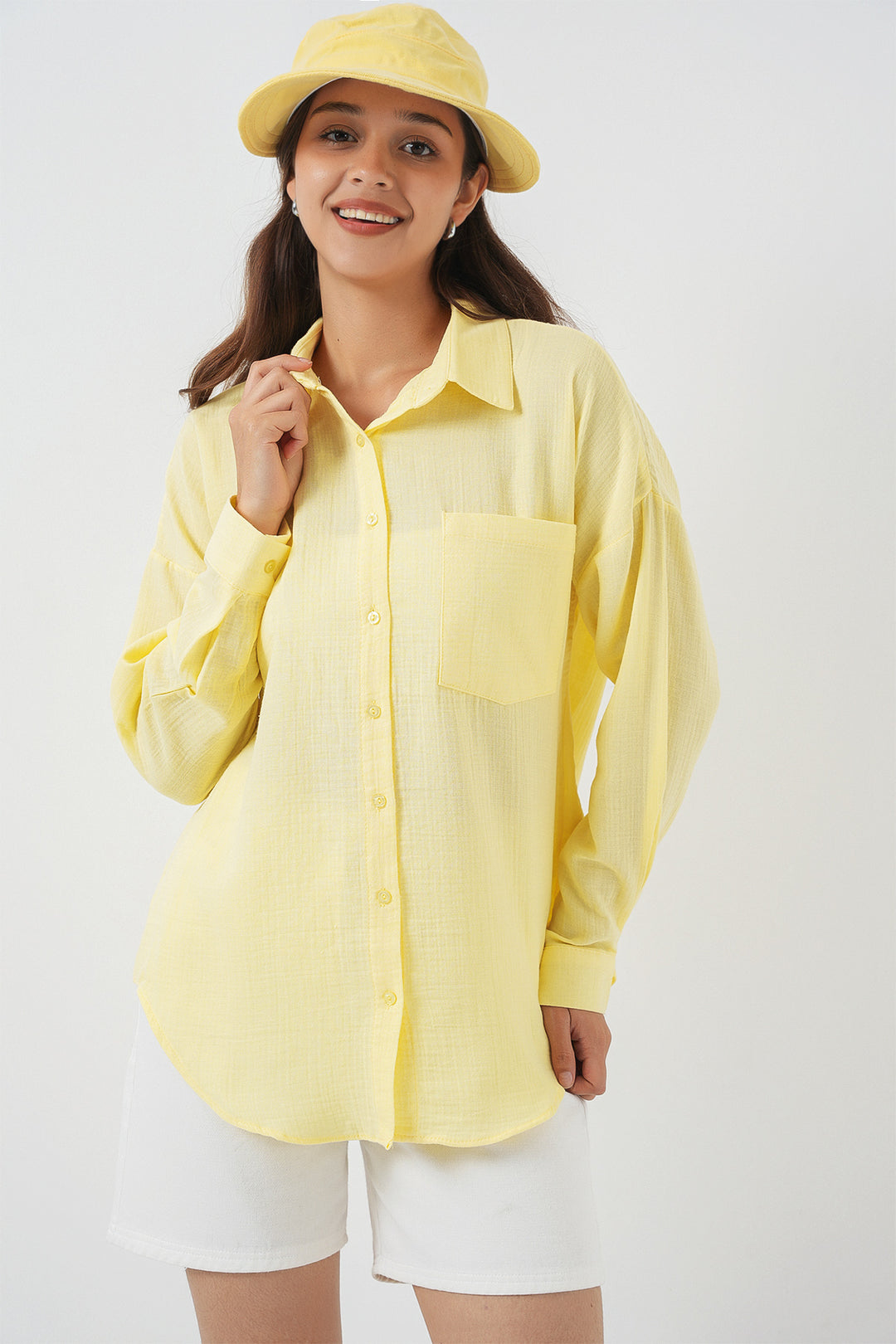 BGD Women Single Pocket Oversized Linen Shirt - Light Yellow - Lake Ridge