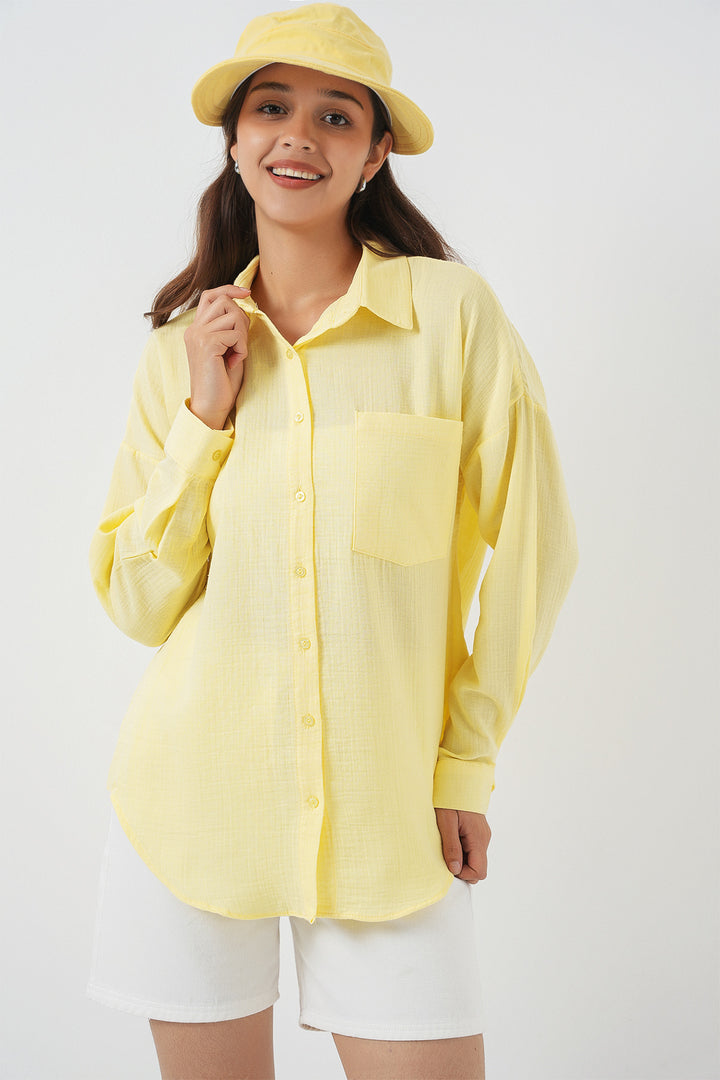 BGD Women Single Pocket Oversized Linen Shirt - Light Yellow - Lake Ridge