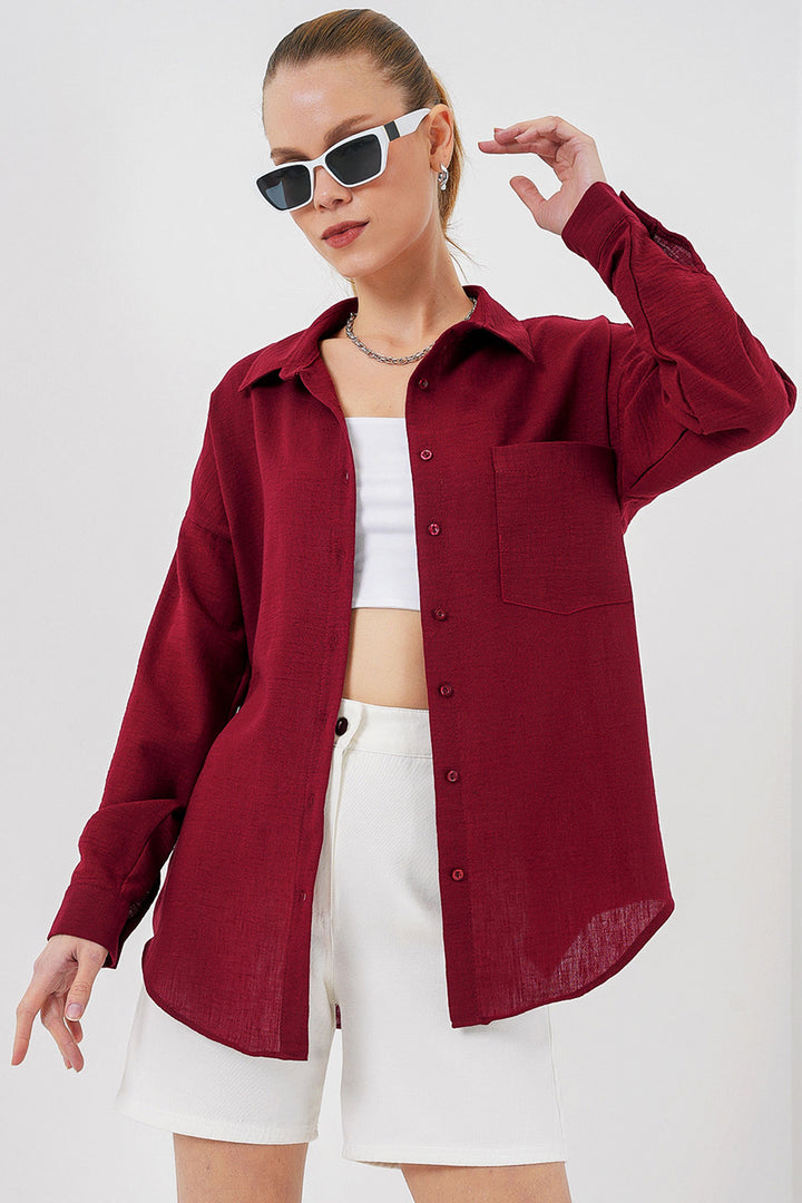 BGD Women Single Pocket Oversized Linen Shirt - Burgundy - Sagunto