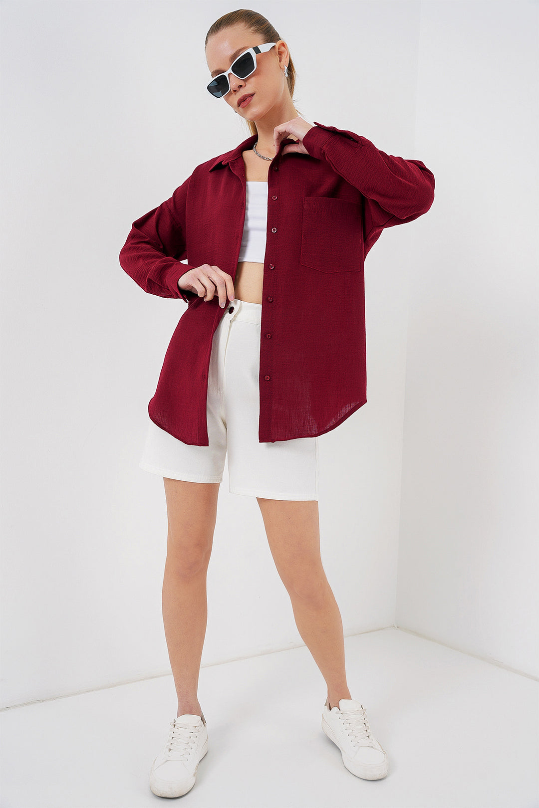 BGD Women Single Pocket Oversized Linen Shirt - Burgundy - Sagunto