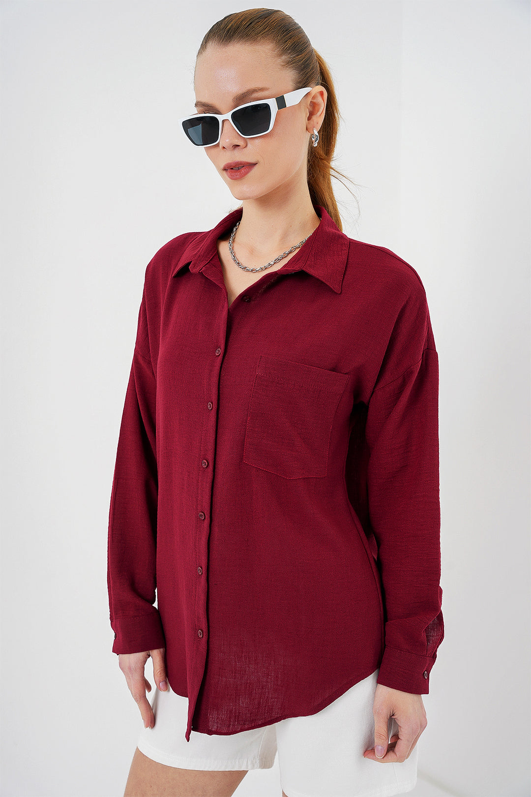BGD Women Single Pocket Oversized Linen Shirt - Burgundy - Sagunto