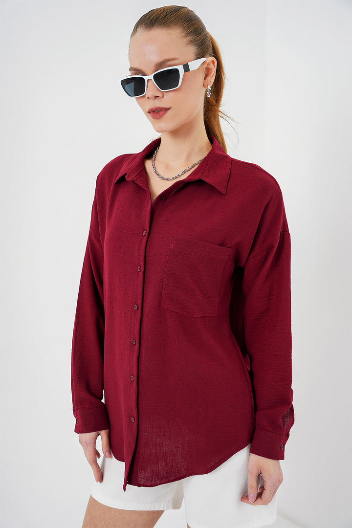 BGD Women Single Pocket Oversized Linen Shirt - Burgundy - Sagunto