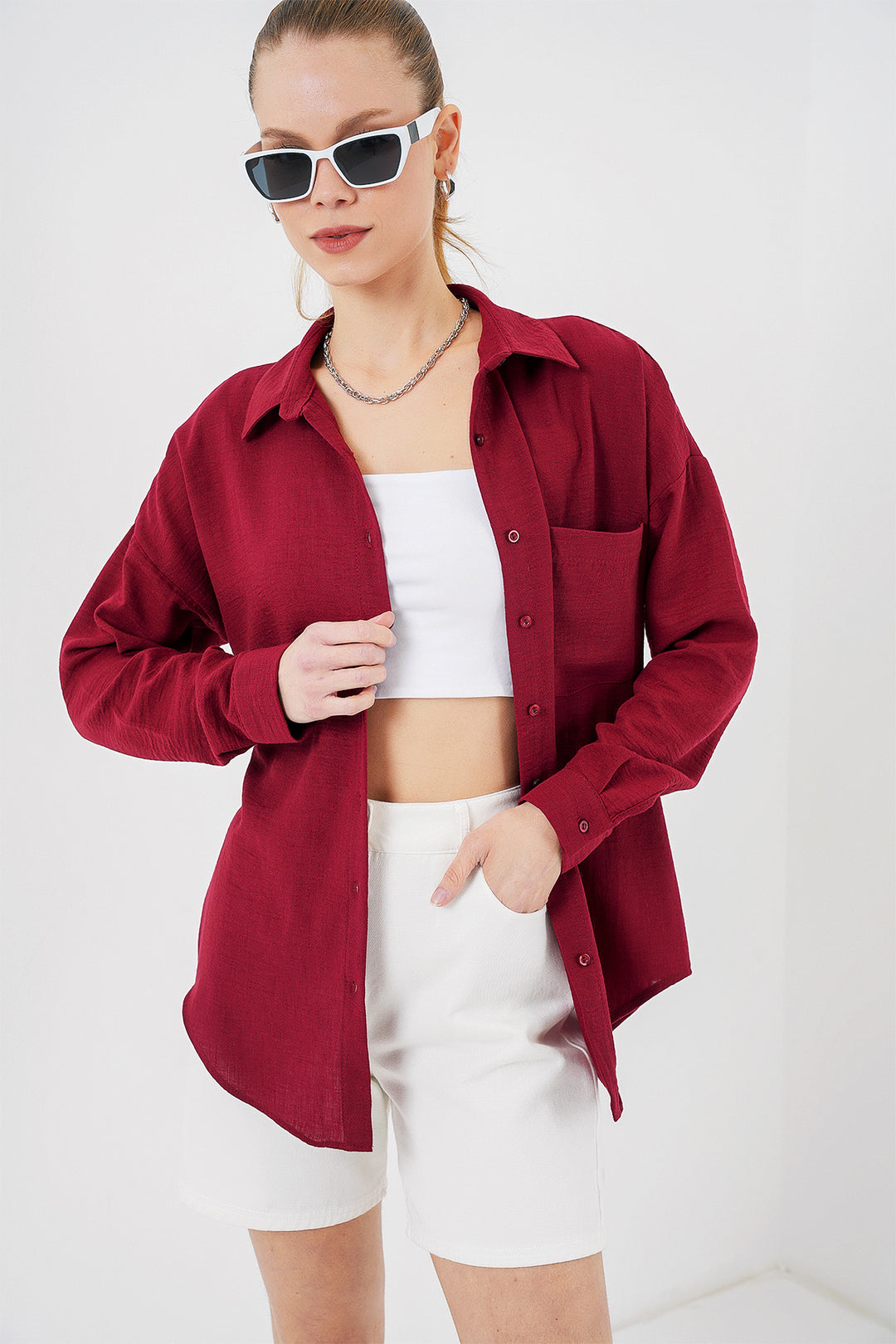 BGD Women Single Pocket Oversized Linen Shirt - Burgundy - Sagunto