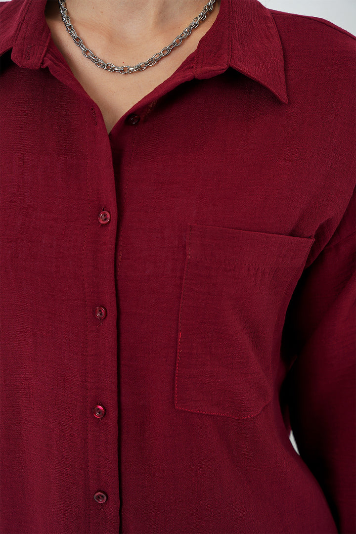 BGD Women Single Pocket Oversized Linen Shirt - Burgundy - Sagunto