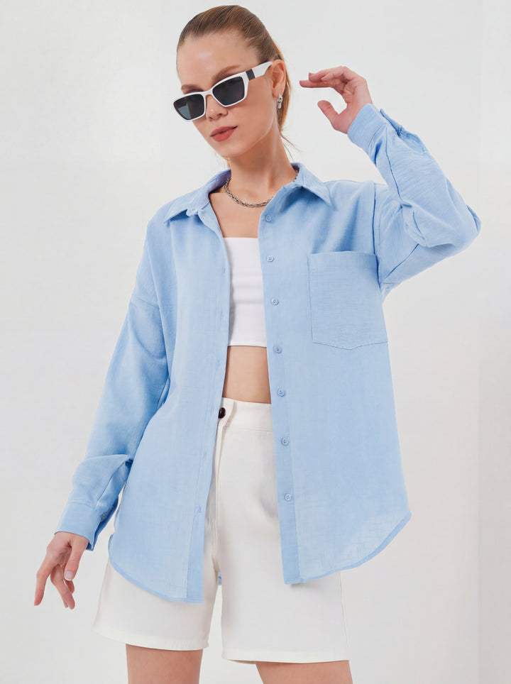 BGD Women Tek Cepli Oversize Keten Gömlek - Buz Mavi - Smethwick