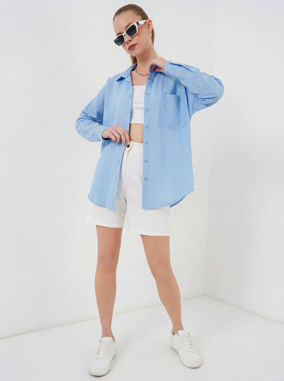 BGD Women Tek Cepli Oversize Keten Gömlek - Buz Mavi - Smethwick