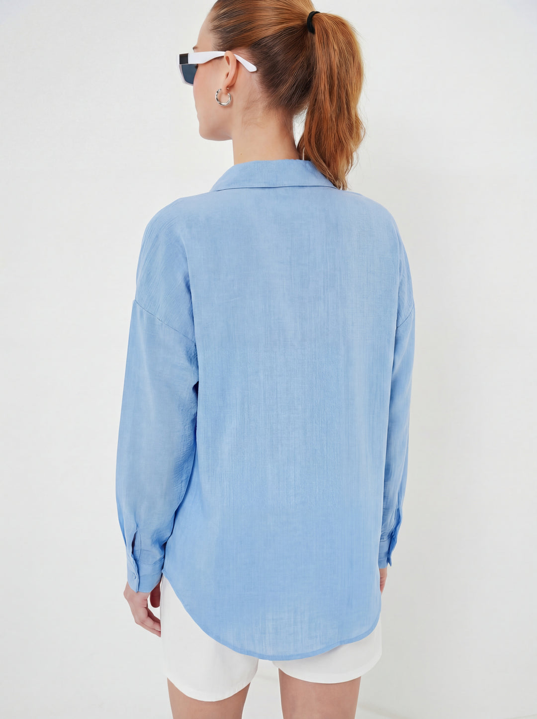 BGD Women Tek Cepli Oversize Keten Gömlek - Buz Mavi - Smethwick