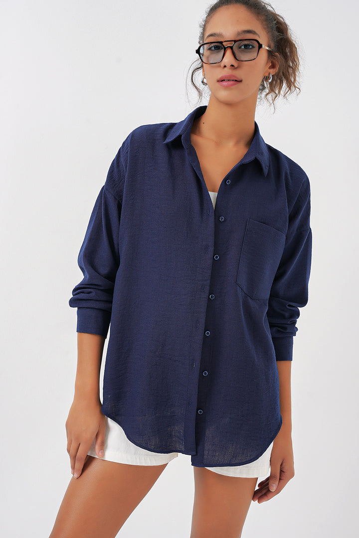 BGD Women Single Pocket Oversized Linen Shirt - Navy Blue - Rechytsa