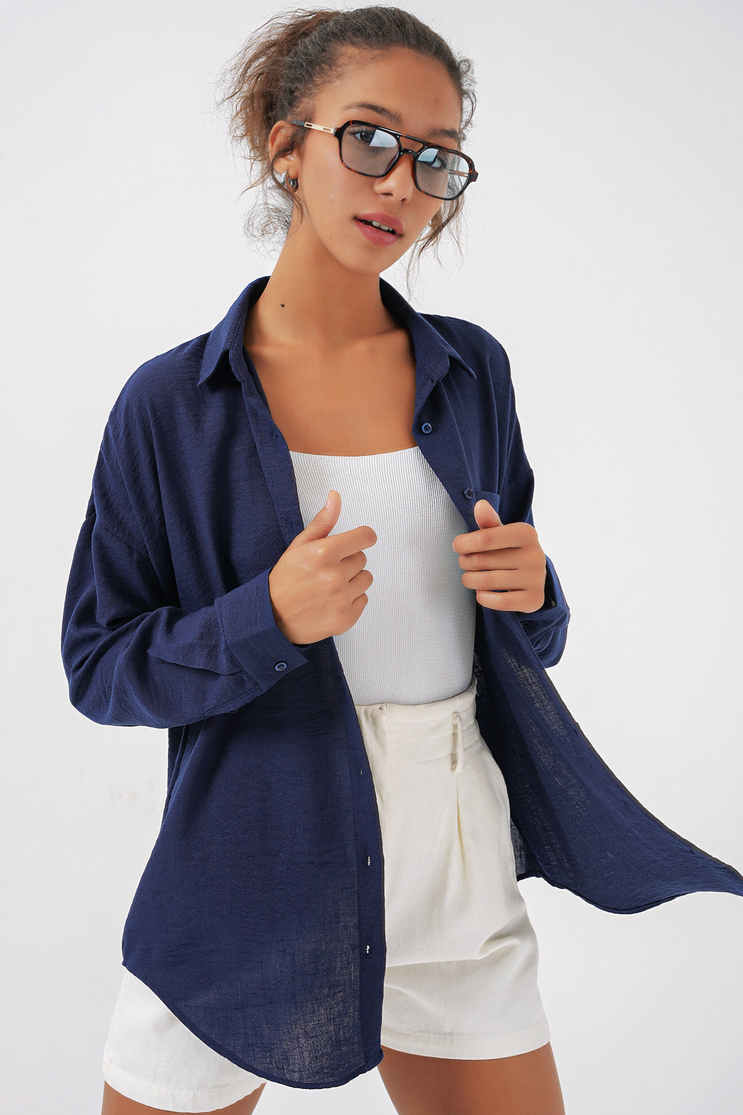 BGD Women Single Pocket Oversized Linen Shirt - Navy Blue - Rechytsa