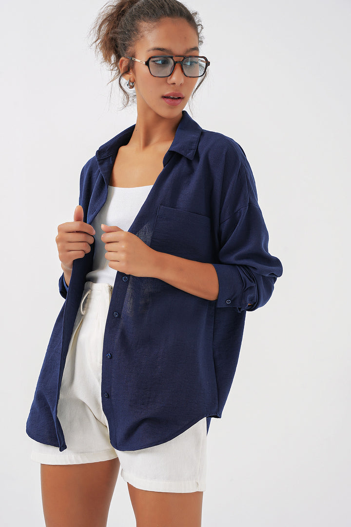 BGD Women Single Pocket Oversized Linen Shirt - Navy Blue - Rechytsa
