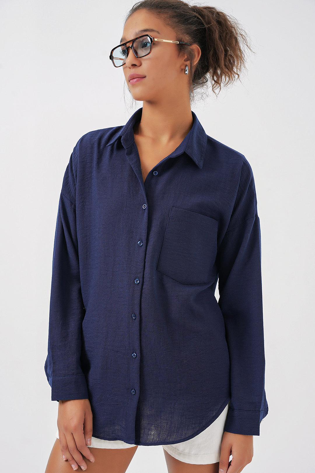 BGD Women Single Pocket Oversized Linen Shirt - Navy Blue - Rechytsa
