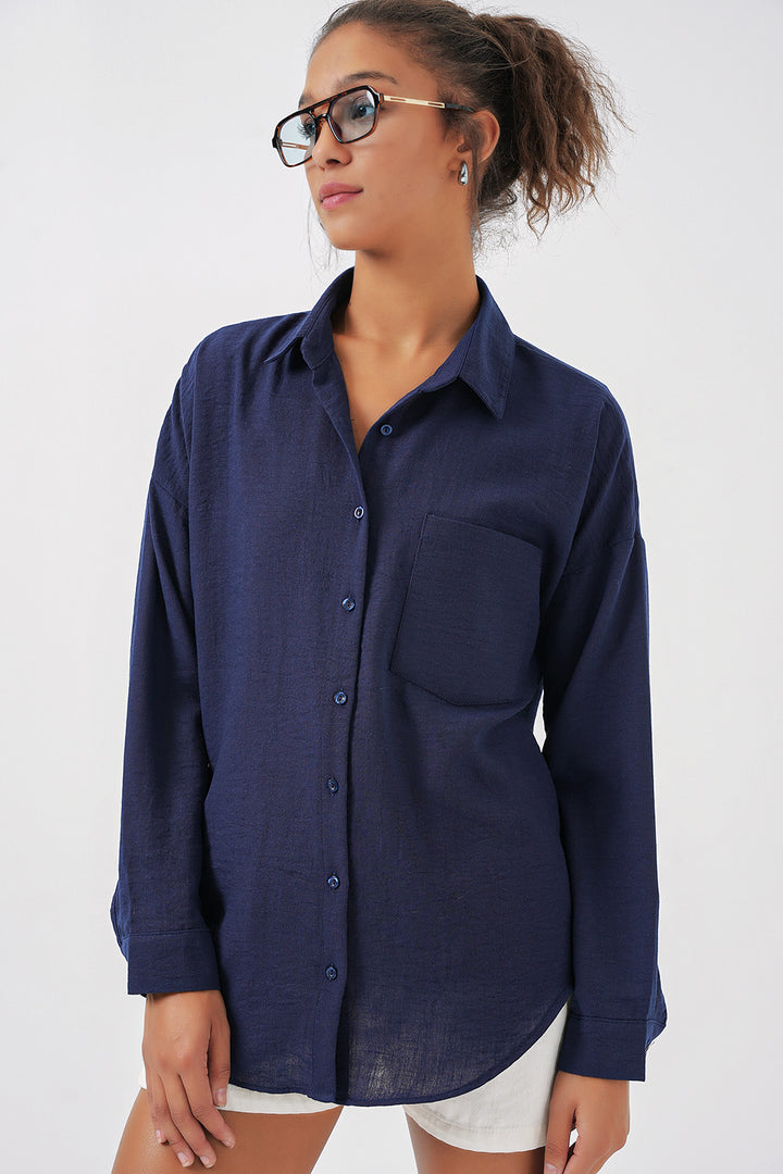 BGD Women Single Pocket Oversized Linen Shirt - Navy Blue - Rechytsa