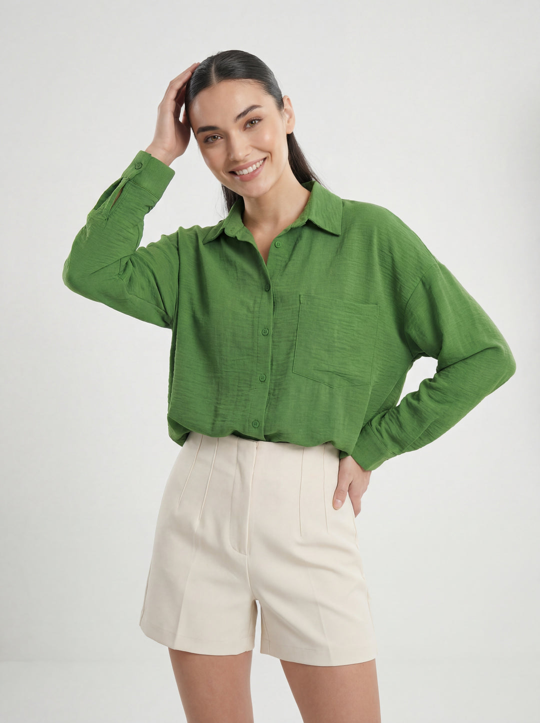 BGD Women Tek Cepli Oversize Keten Gömlek - G.Yeşil - Wellington