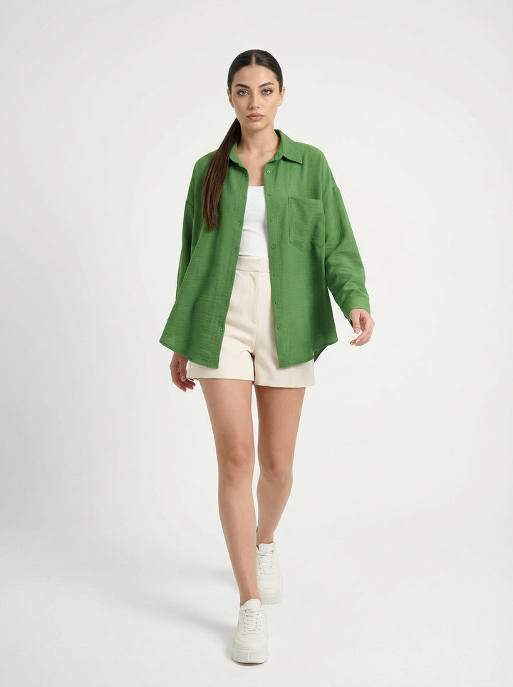 BGD Women Tek Cepli Oversize Keten Gömlek - G.Yeşil - Wellington