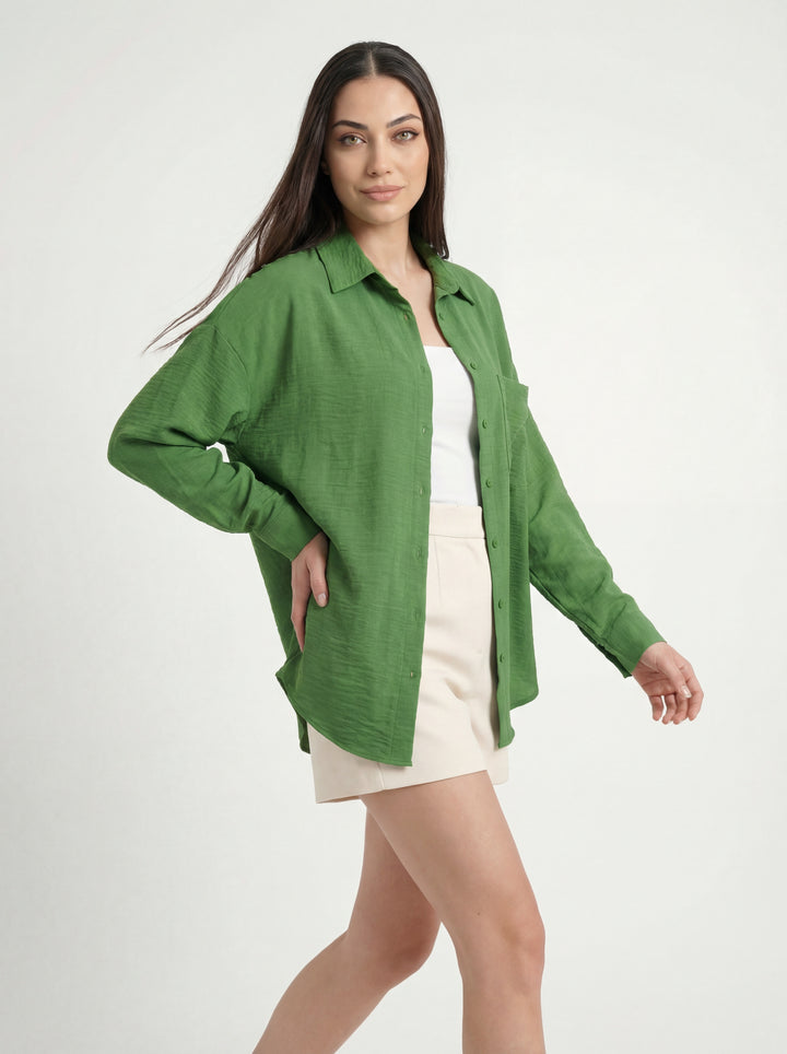 BGD Women Tek Cepli Oversize Keten Gömlek - G.Yeşil - Wellington