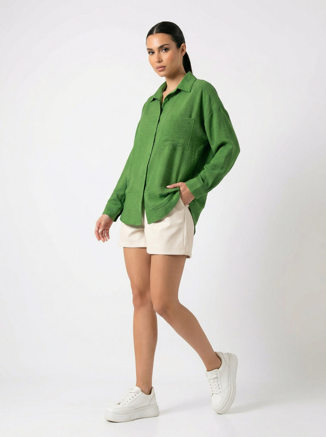 BGD Women Tek Cepli Oversize Keten Gömlek - G.Yeşil - Wellington