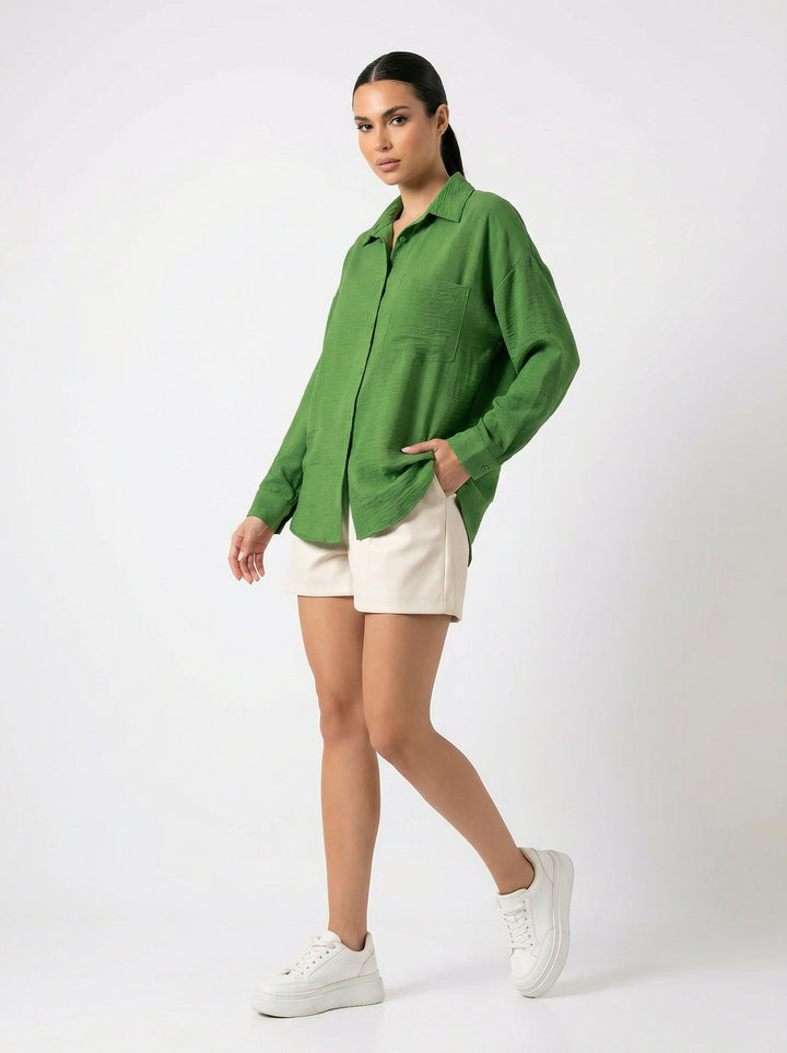 BGD Women Tek Cepli Oversize Keten Gömlek - G.Yeşil - Wellington