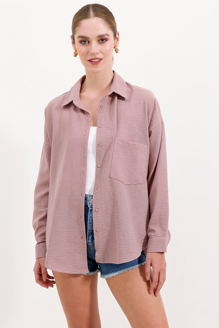 BGD Women Single Pocket Oversized Linen Shirt - Rose Pink - Mooresville