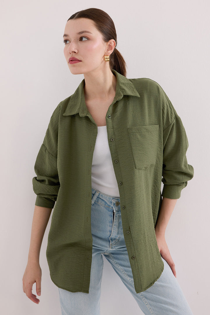 BGD Women Single Pocket Oversized Linen Shirt - Khaki - Shawinigan