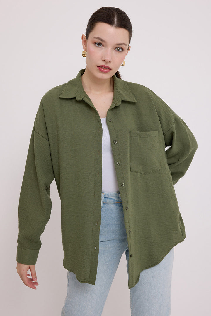 BGD Women Single Pocket Oversized Linen Shirt - Khaki - Shawinigan