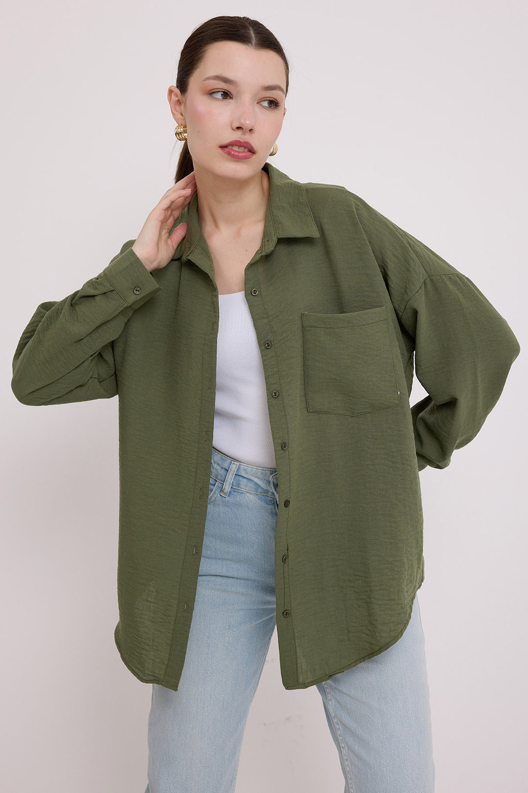 BGD Women Single Pocket Oversized Linen Shirt - Khaki - Shawinigan