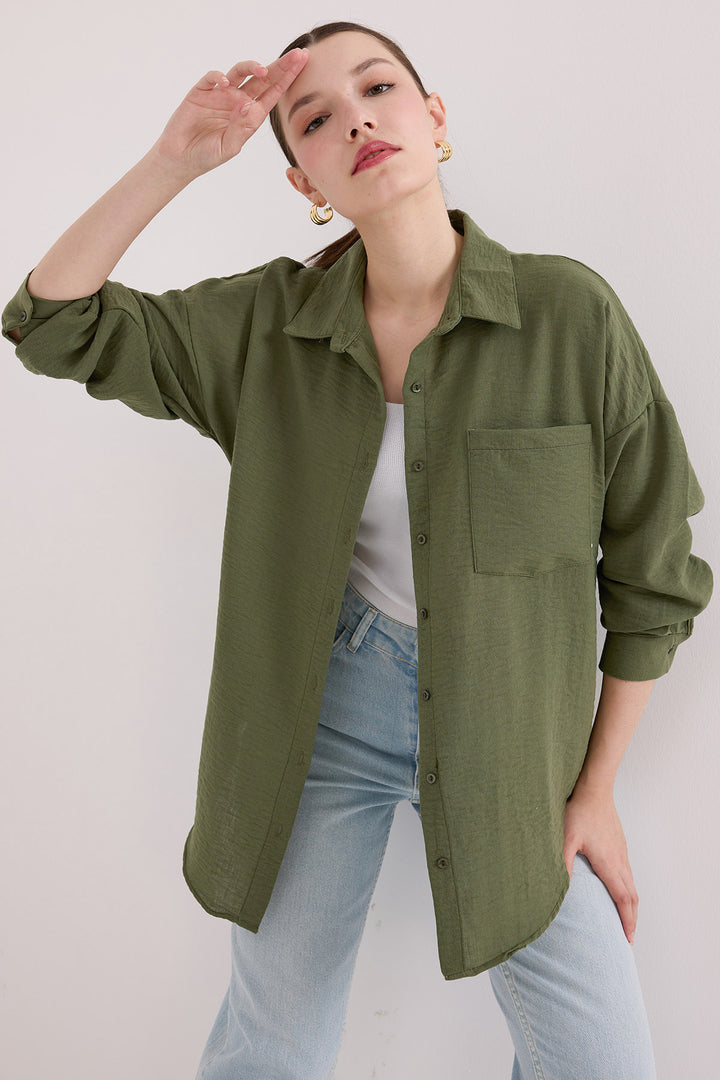 BGD Women Single Pocket Oversized Linen Shirt - Khaki - Shawinigan