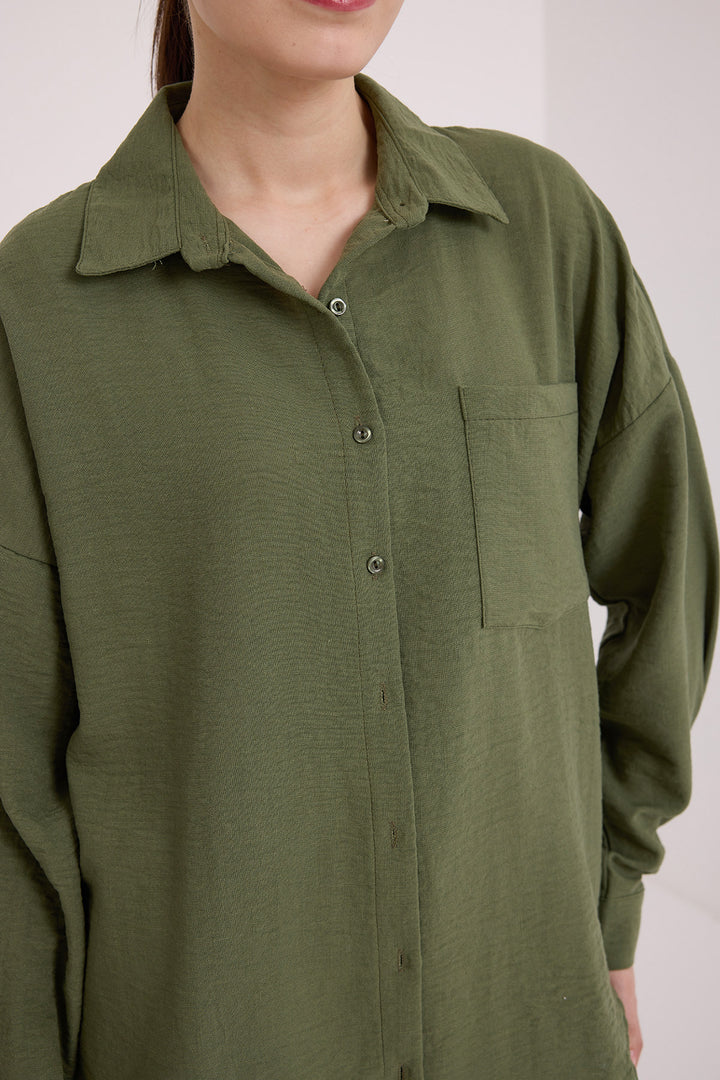 BGD Women Single Pocket Oversized Linen Shirt - Khaki - Shawinigan