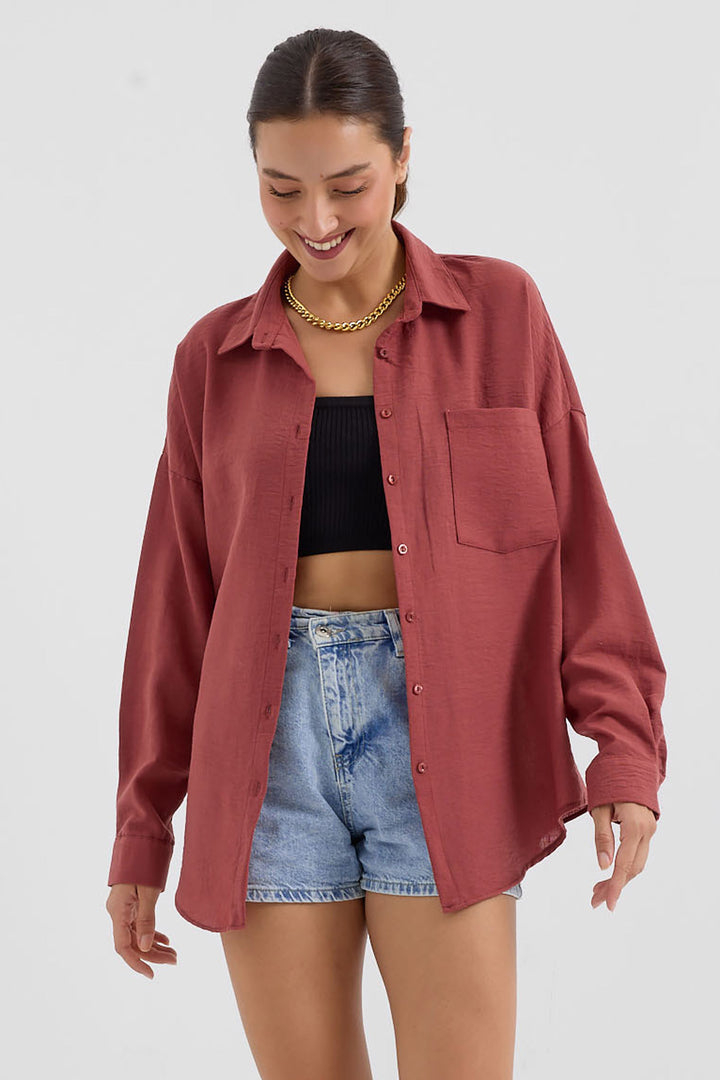 BGD Women Single Pocket Oversized Linen Shirt - Terracotta - Tepotzotlán