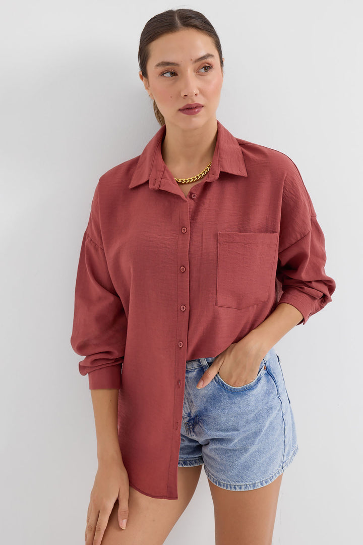 BGD Women Single Pocket Oversized Linen Shirt - Terracotta - Tepotzotlán