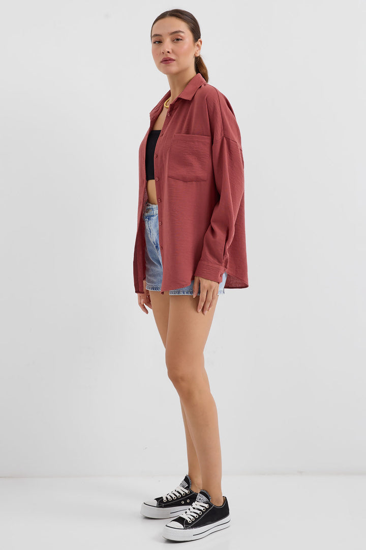 BGD Women Single Pocket Oversized Linen Shirt - Terracotta - Tepotzotlán