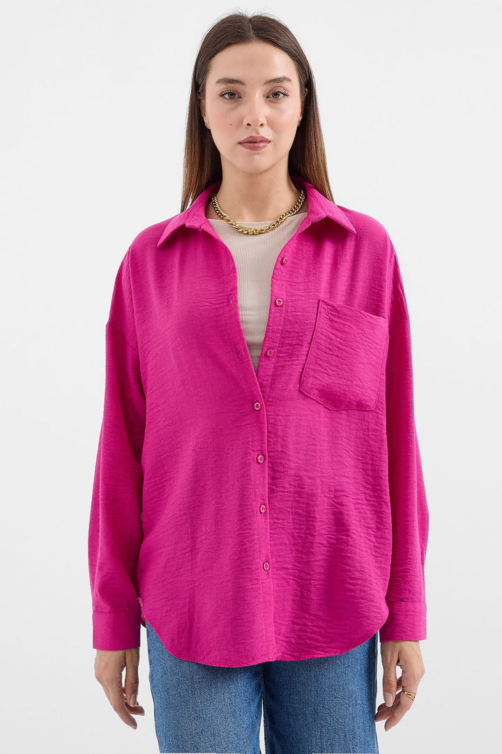 BGD Women Single Pocket Oversized Linen Shirt - Dark Pink - Avondale