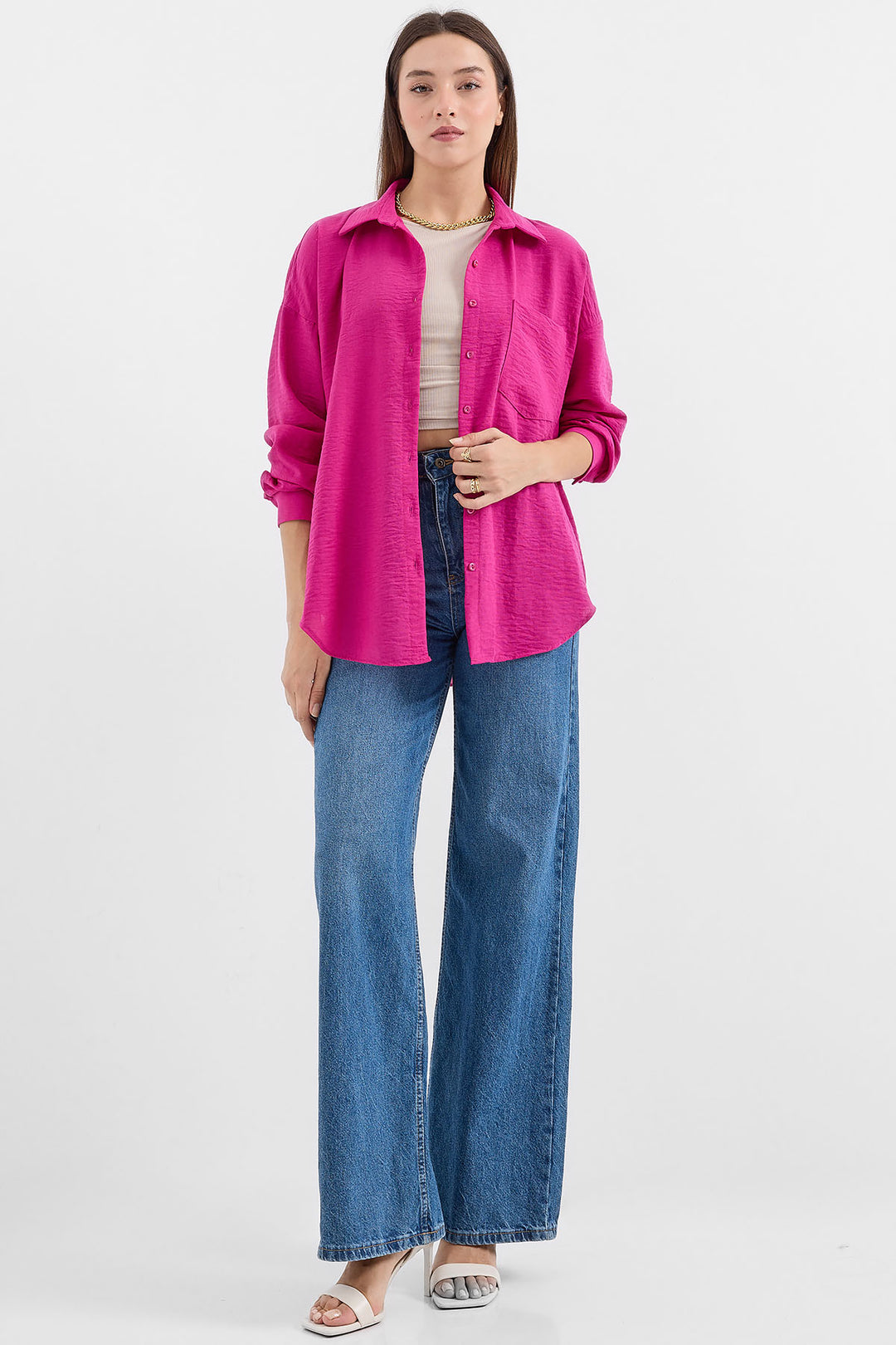 BGD Women Single Pocket Oversized Linen Shirt - Dark Pink - Avondale