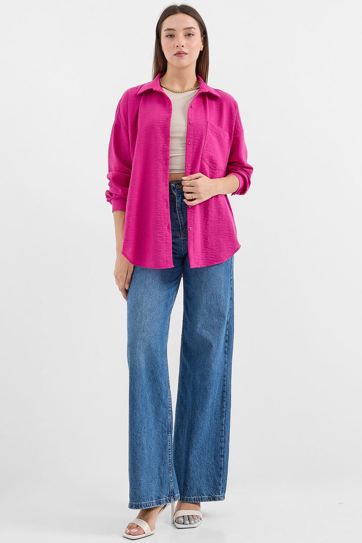 BGD Women Single Pocket Oversized Linen Shirt - Dark Pink - Avondale