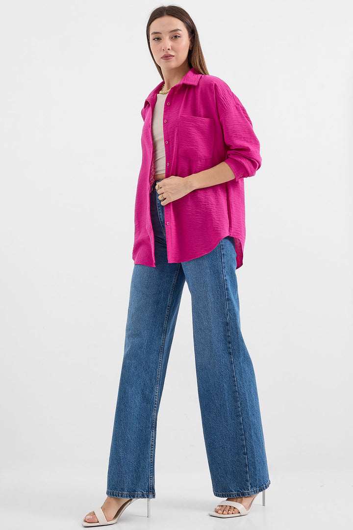 BGD Women Single Pocket Oversized Linen Shirt - Dark Pink - Avondale