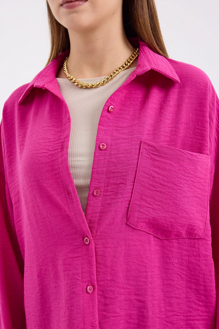 BGD Women Single Pocket Oversized Linen Shirt - Dark Pink - Avondale