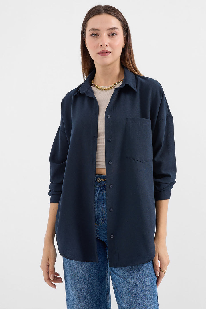 BGD Women Single Pocket Oversized Linen Shirt - Navy Blue - Mitcham