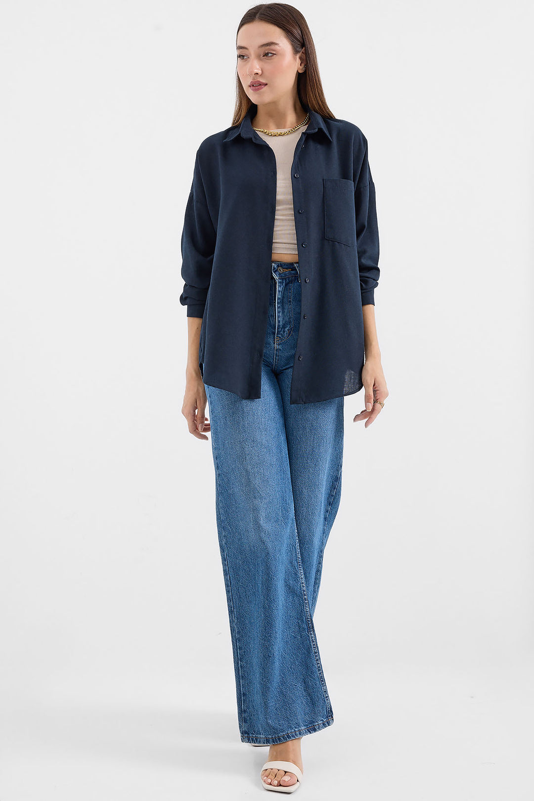 BGD Women Single Pocket Oversized Linen Shirt - Navy Blue - Mitcham