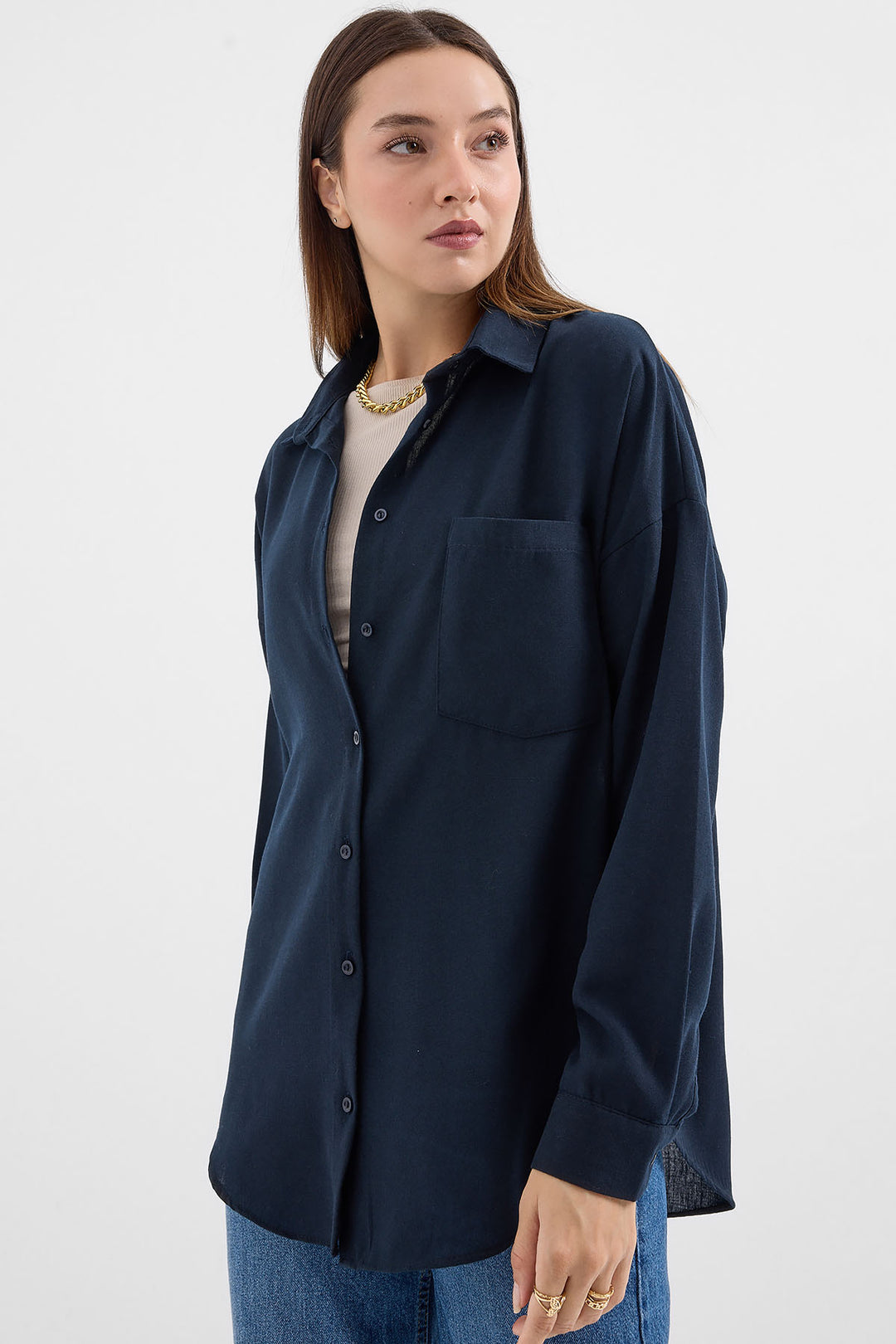 BGD Women Single Pocket Oversized Linen Shirt - Navy Blue - Mitcham